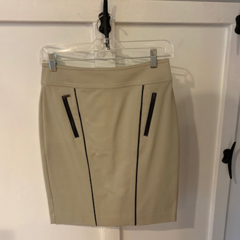 Ann Taylor Pencil Skirt Khaki w Black Leather Piping size 0